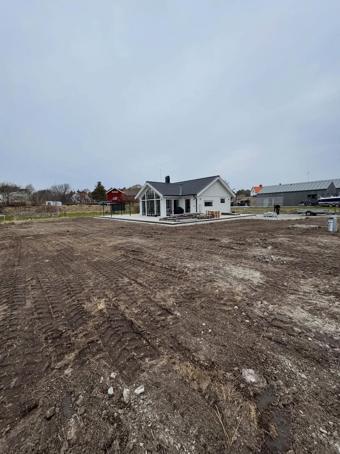 Planerad tomt och plattgång runt hela huset